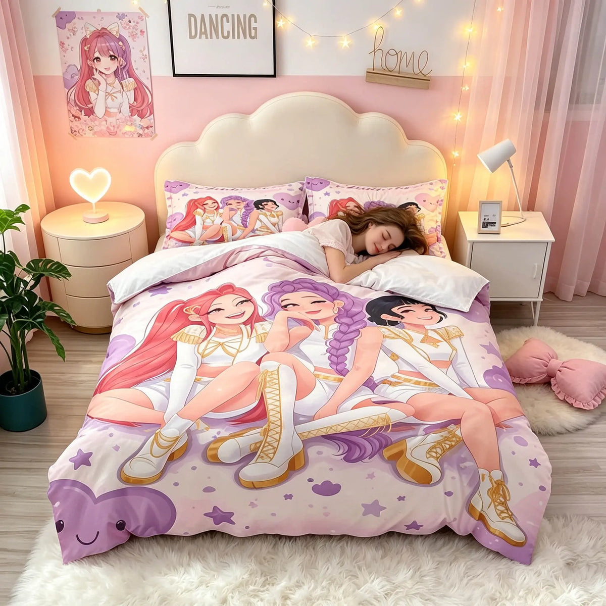 3-Piece Cartoon Anime Girl Pattern Duvet Cover Set, Soft Comfortable Fabric, No Padding, Ideal for Bedroom, Hotel, School Dormitory, Cute Bedding