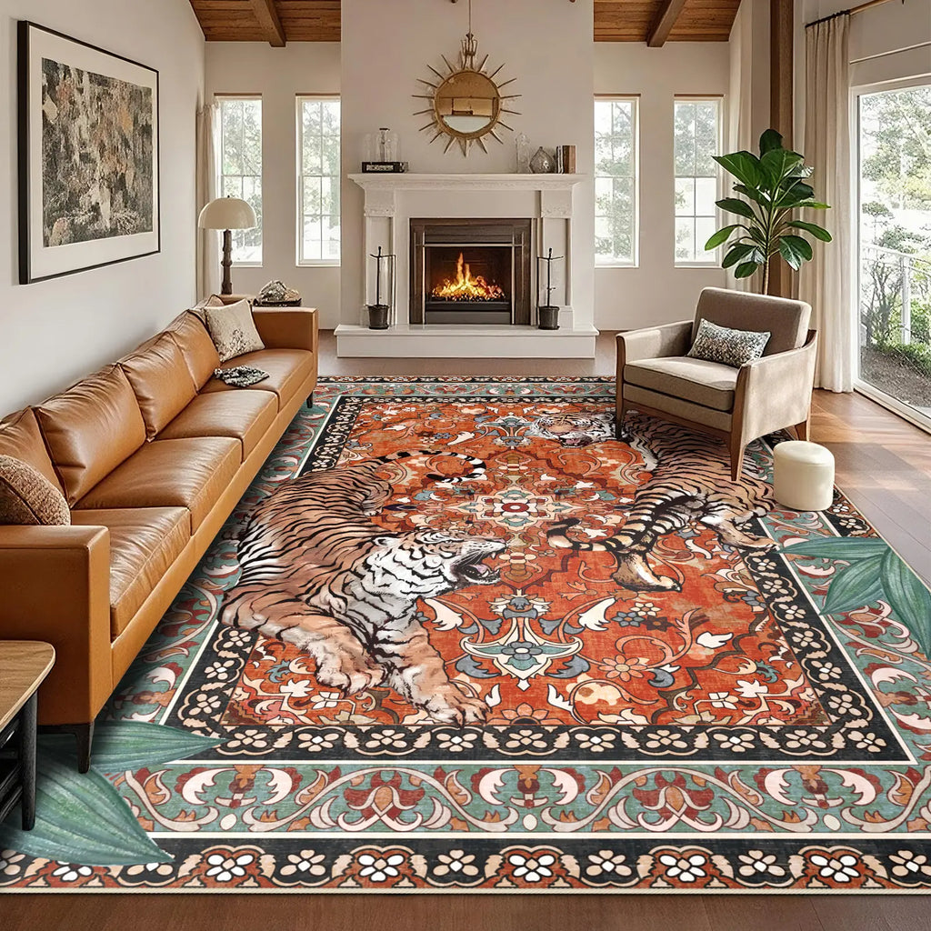 Geanup Tiger Area Rug - Green, Washable, Non-Slip, Soft Botanical Low-Pile Decorative Animal Floor Rug for Living Room House Decor, Area Rugs