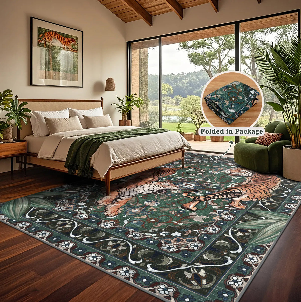 Geanup Tiger Area Rug - Green, Washable, Non-Slip, Soft Botanical Low-Pile Decorative Animal Floor Rug for Living Room House Decor, Area Rugs