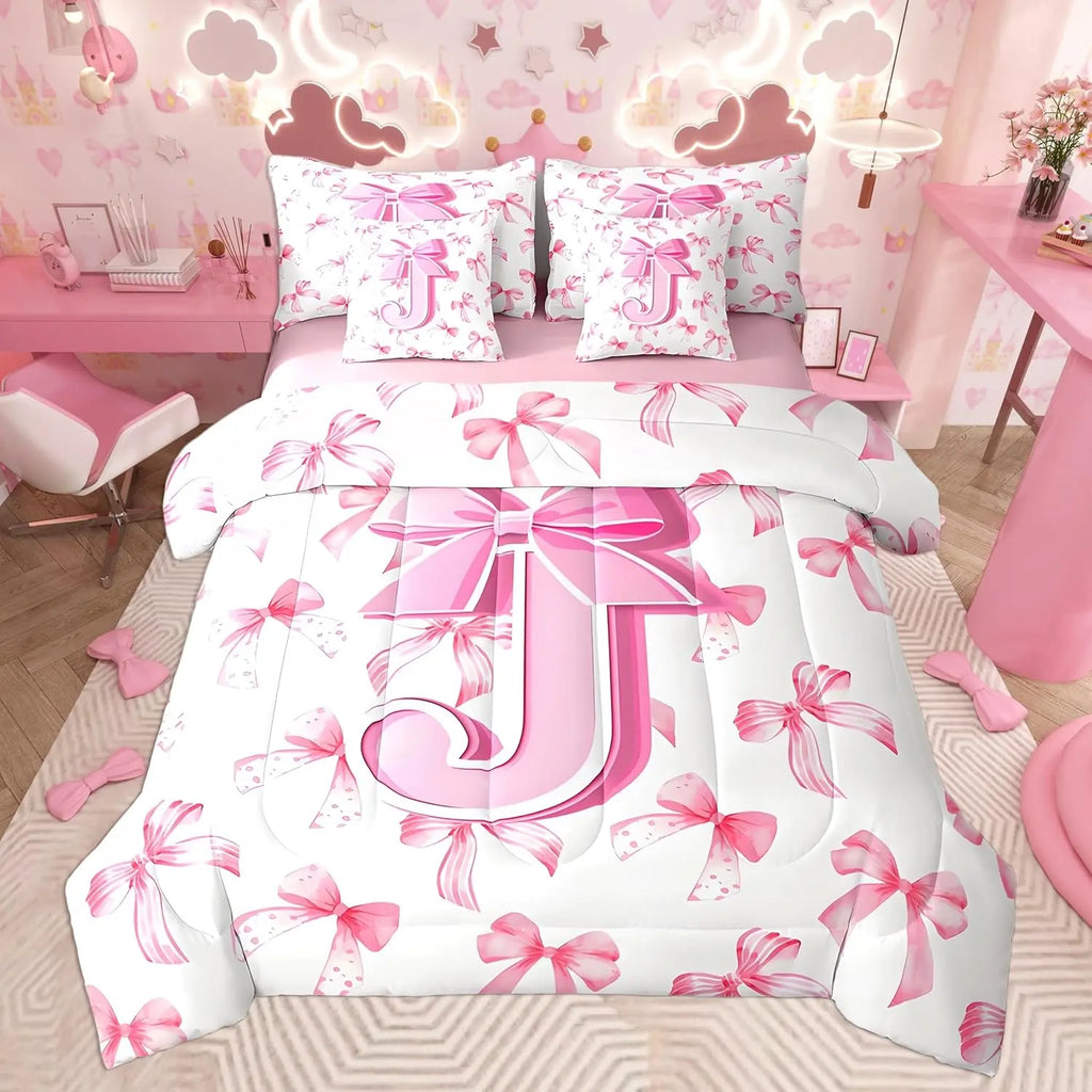 Feelyou Toddler Girl 7-Piece Monogrammed Initial J Bedding Set - Cute Bow Comforter, Sheets, Pillowcases Bed-in-a-Bag, Princess Room Soft Pink Aesthetic Cozy Pink Bedroom Setup, Toddler Girl Bedding Set, Cozy Bed Setup