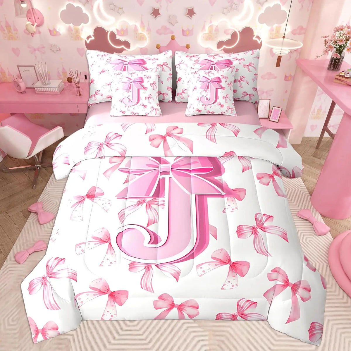 Feelyou Toddler Girl 7-Piece Monogrammed Initial J Bedding Set - Cute Bow Comforter, Sheets, Pillowcases Bed-in-a-Bag, Princess Room Soft Pink Aesthetic Cozy Pink Bedroom Setup, Toddler Girl Bedding Set, Cozy Bed Setup