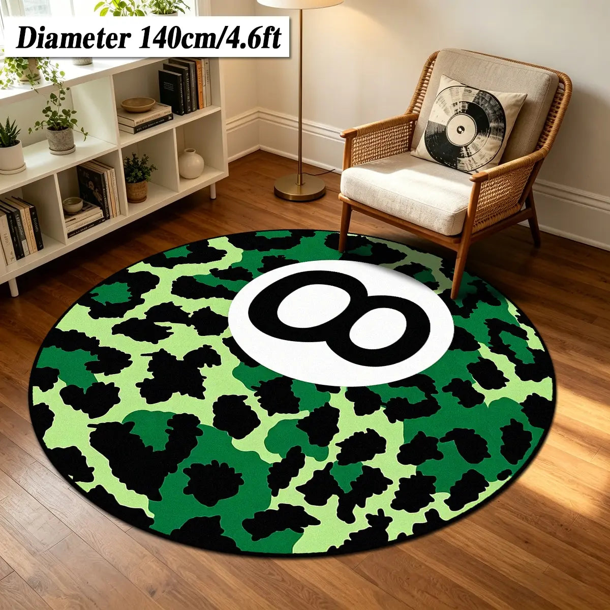 8 Ball Leopard Print Round Rug for Game Room, Man Cave, Dorm & Teen Bedroom, Soft Non-Slip Round Accent Rug, Anti Skid Rug, Perfect Retro Gift