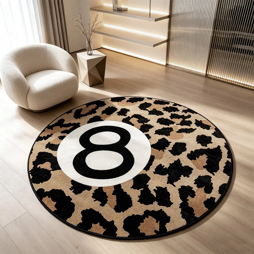 8 Ball Leopard Print Round Rug for Game Room, Man Cave, Dorm & Teen Bedroom, Soft Non-Slip Round Accent Rug, Anti Skid Rug, Perfect Retro Gift