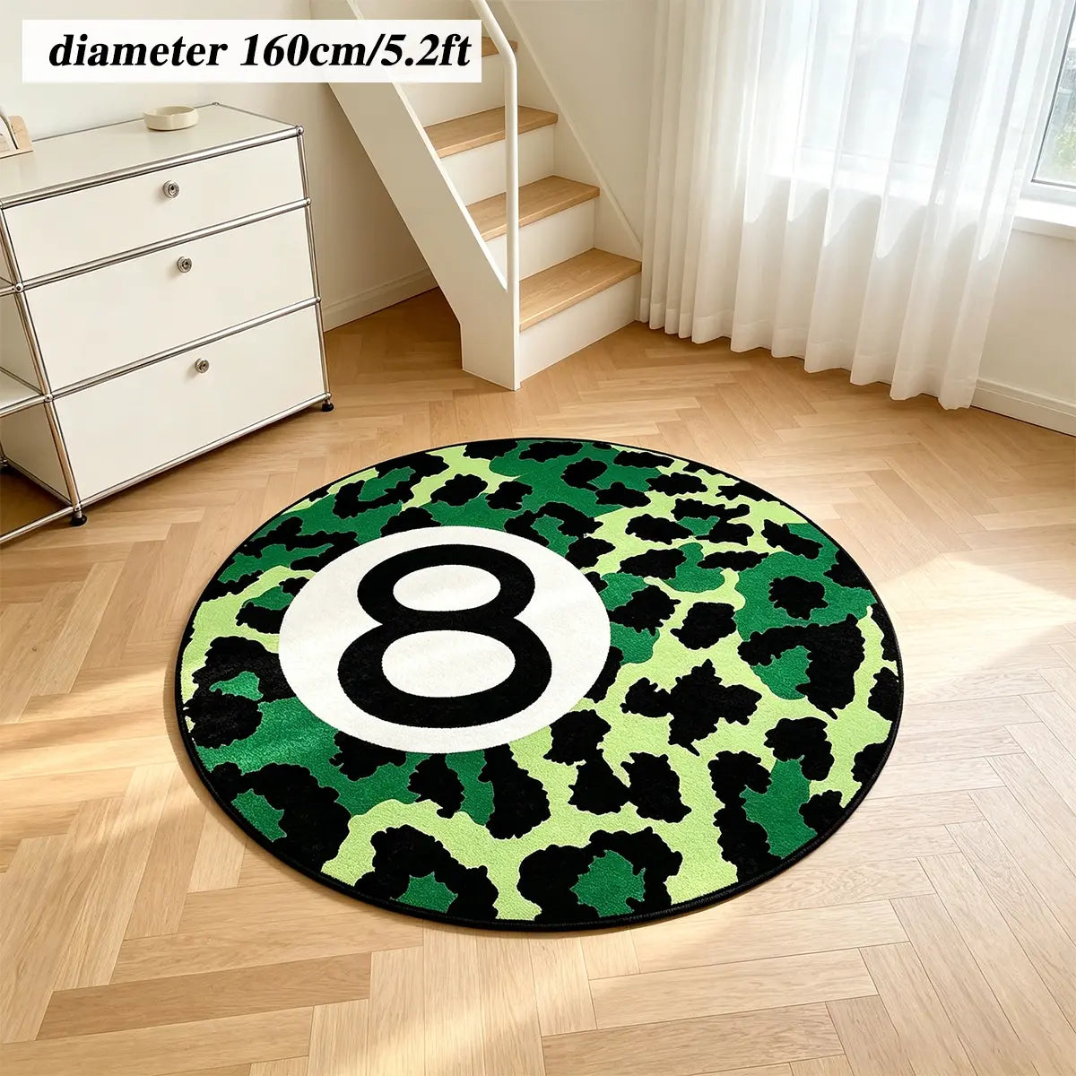8 Ball Leopard Print Round Rug for Game Room, Man Cave, Dorm & Teen Bedroom, Soft Non-Slip Round Accent Rug, Anti Skid Rug, Perfect Retro Gift
