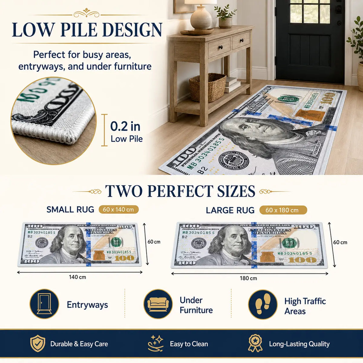 AISOON Durable Area Rug - 100 Dollar Bill Print, Non-Slip, Stain-Resistant, Ultra Thin, Polyamide, Multicolor, 22"x53"/23"x71" Decorative Rug for Entryway, Bedroom Indoor Floor Use