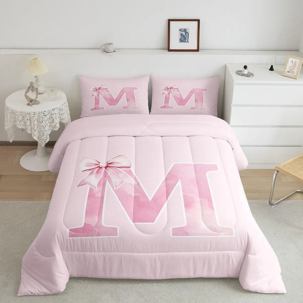 Feelyou Women's Initial M Blush Pink Bowknot Dorm Room Plush Bedding Set - Coquette Monogrammed Comforter Quilt, Preppy Bedroom Decor, Birthday Gift for Teen Girls