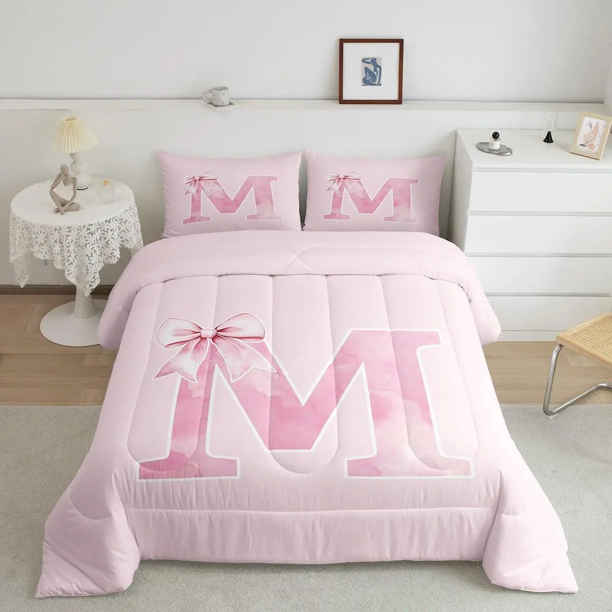 Feelyou Women's Initial M Blush Pink Bowknot Dorm Room Plush Bedding Set - Coquette Monogrammed Comforter Quilt, Preppy Bedroom Decor, Birthday Gift for Teen Girls