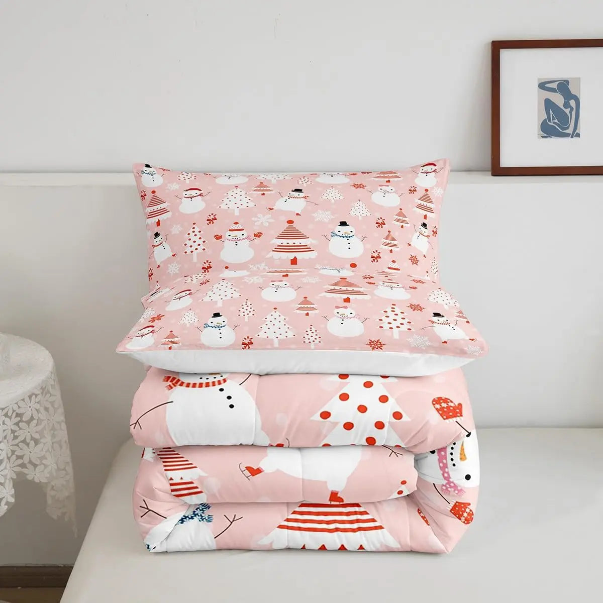 Feelyou Breathable Cartoon Dots Christmas Bedding Set - Comfy Colorful Pattern Duvet Set with Pink Dots, Christmas Tree Decor, Inner Fill, Available in Twin, Full, Queen Sizes, Breathable Bedding Set, Colorful Pattern Duvets & Sets