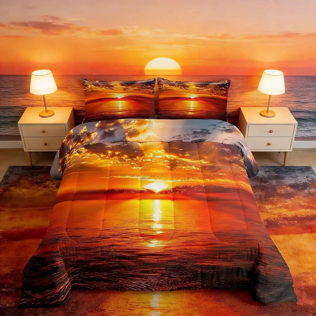 Feelyou Multi-Size Beach-Themed Marine Duvets & Sets,Sea Sunset Ocean Landscape Down Comforter Set for Room Decor (No Sheets),Beach-Themed Duvets & Sets