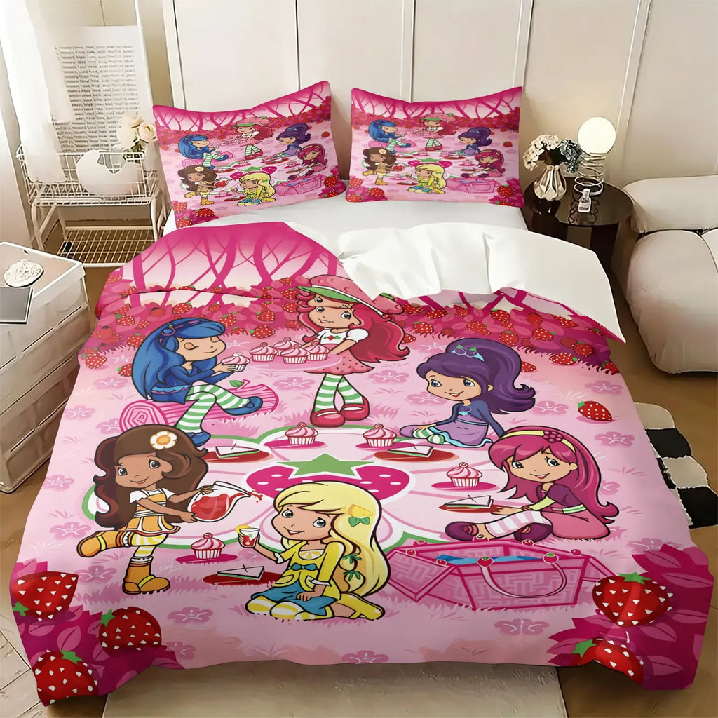 Light Green Strawberry Girl Cartoon Duvet Cover Set-1 Duvet & 1-2 Pillowcases-Strawberry Girl with Pink Kitten, Strawberry and Cupcake-Comfortable Breathable-Kids Bedroom Decor-Nostalgic Gift for Fans