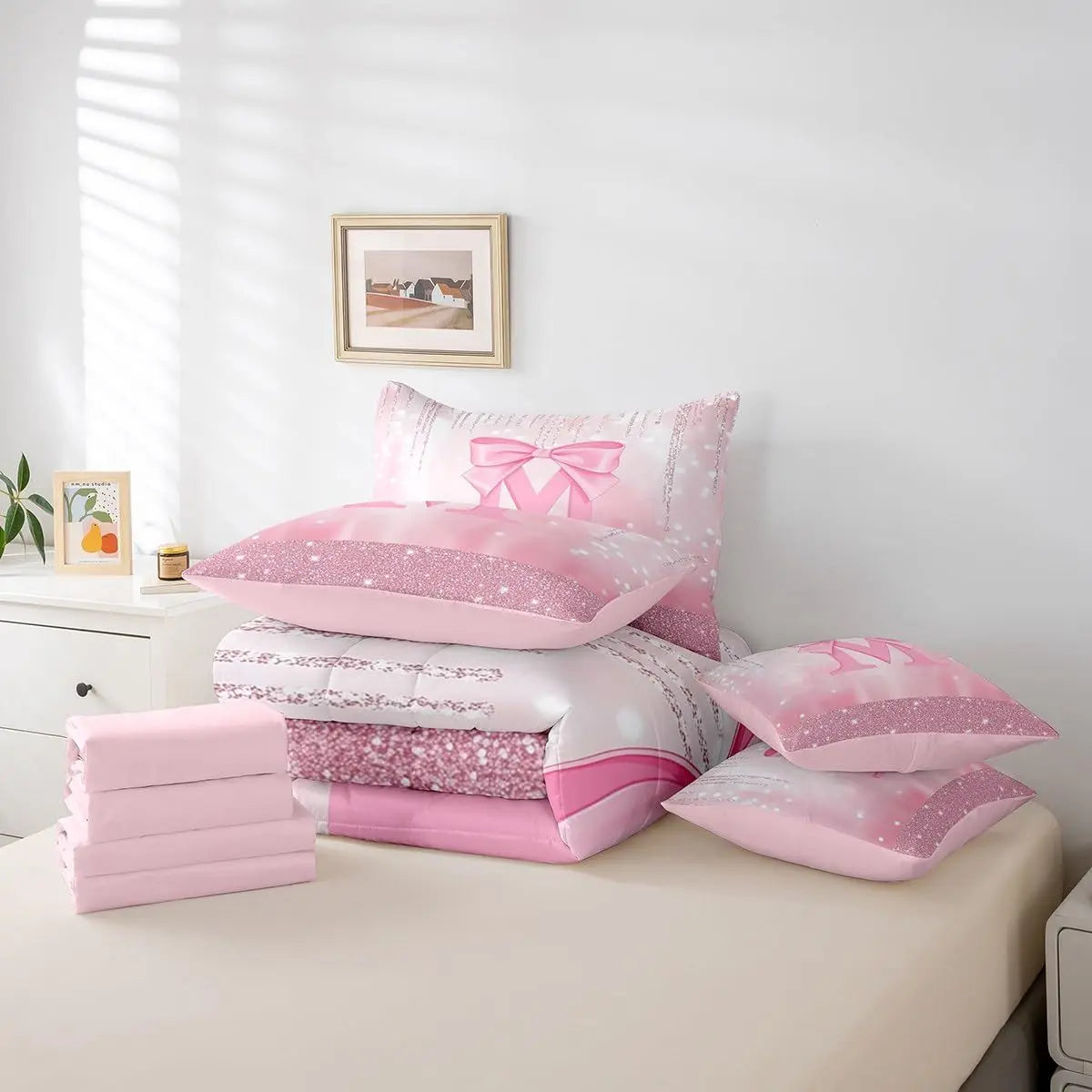 Feelyou Boys' Bright Pink 7-Piece Bedding Set Collections - Personalized Initial M Bowknot Comforter Set with Sheets, Glitter Sparkle, Soft Texture, Machine Washable Comforter, Bedroom Decor