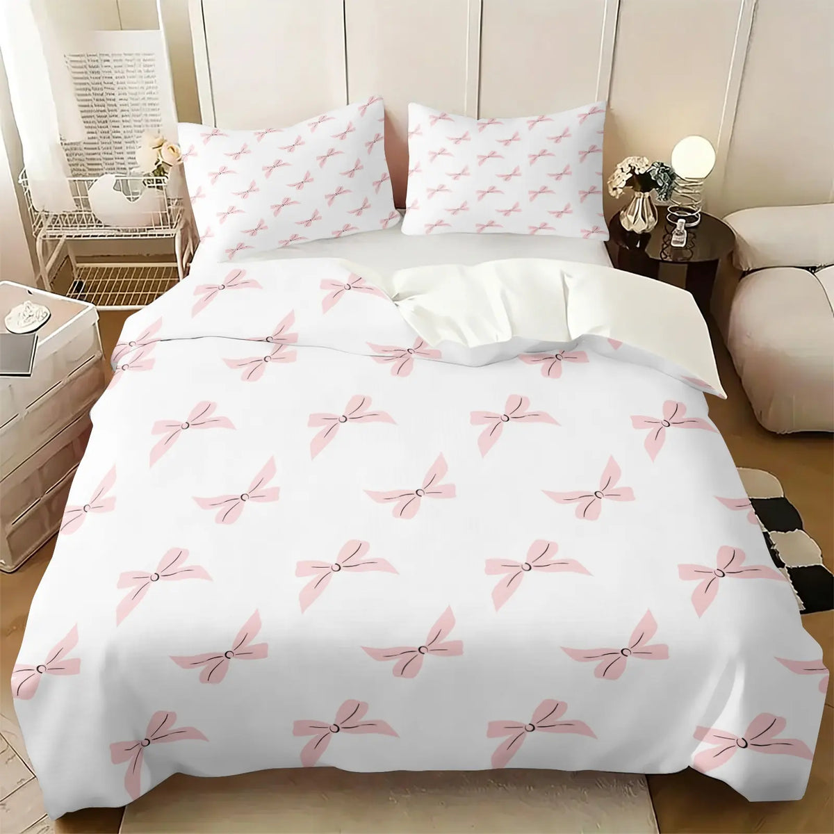Milk Tea Color Cow Print Bow Duvet Cover Set-1 Duvet and 1-2 Coreless Pillowcases-Star-Decorated Bow and Cow Print Patchwork Bow-Soft Breathable-Vintage Gentel Style for Kids' & Girls' Bedroom Decor