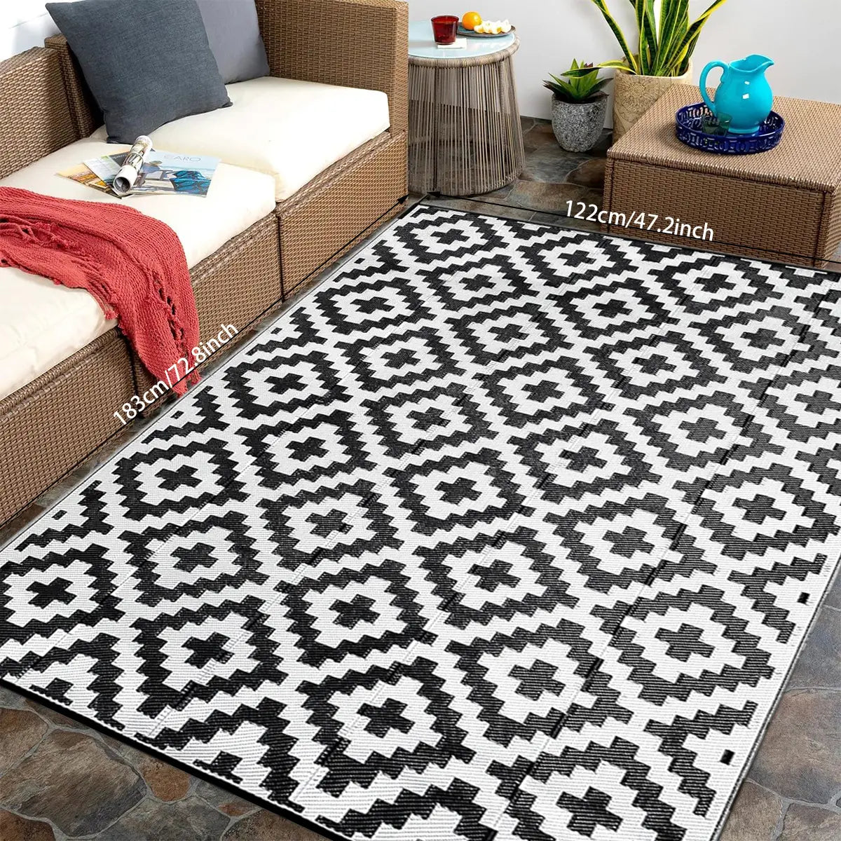 Geometric Pattern Waterproof Double-Sided Outdoor Rug, Outside Rug, 1 Count Modern Checkered Area Rug for RV, Terrace, Backyard, Deck, Beach and Camping Patio Rug #GLOBAL PICKS