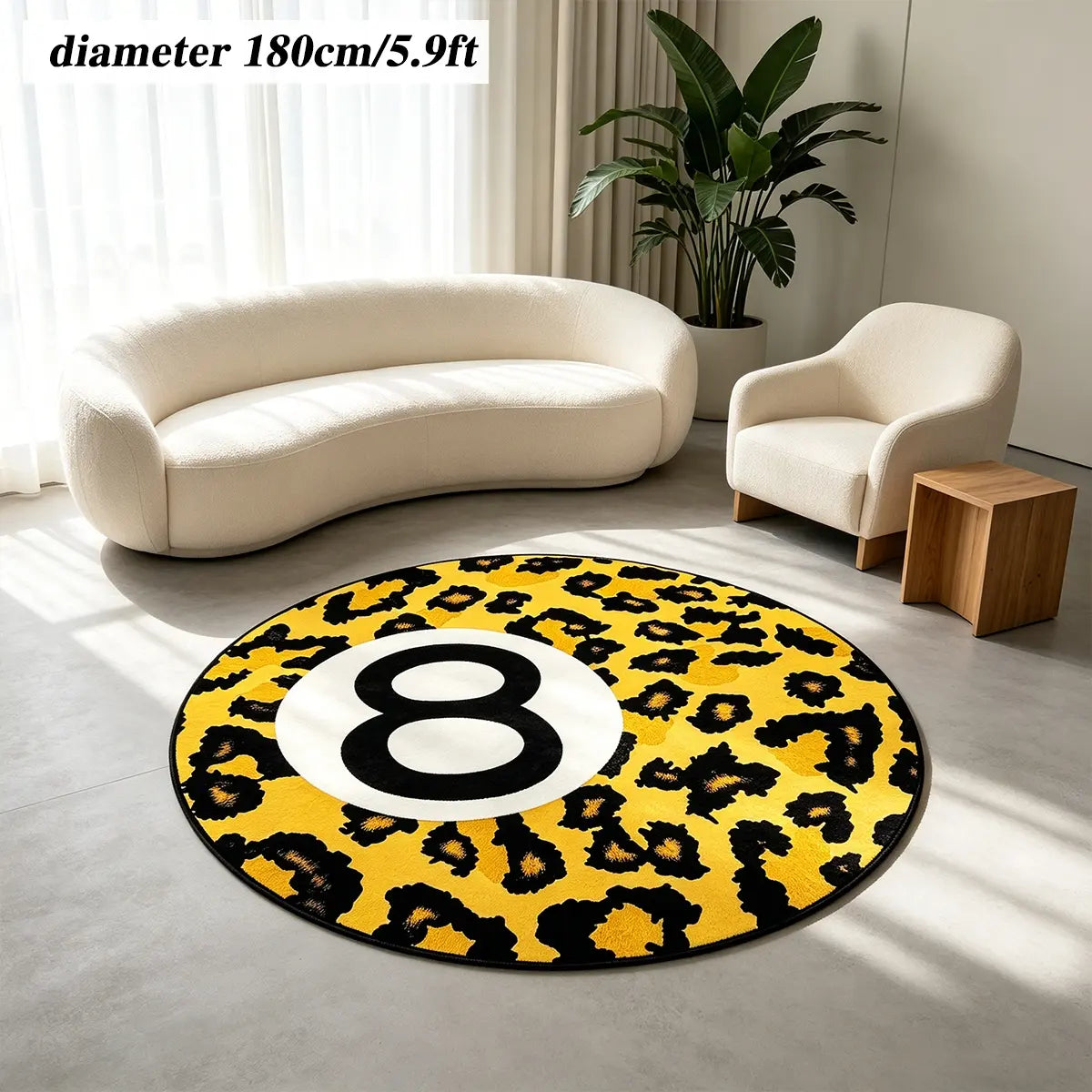 8 Ball Leopard Print Round Rug for Game Room, Man Cave, Dorm & Teen Bedroom, Soft Non-Slip Round Accent Rug, Anti Skid Rug, Perfect Retro Gift