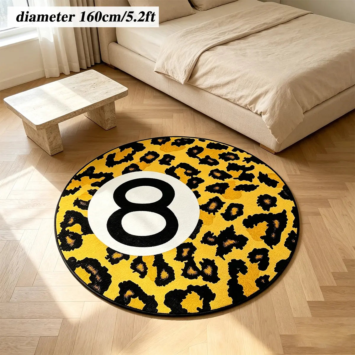 8 Ball Leopard Print Round Rug for Game Room, Man Cave, Dorm & Teen Bedroom, Soft Non-Slip Round Accent Rug, Anti Skid Rug, Perfect Retro Gift
