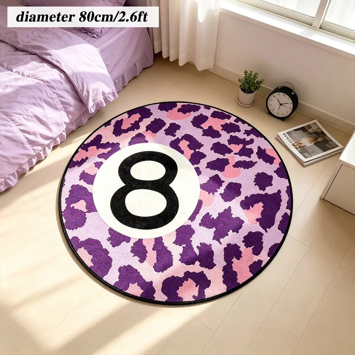 8 Ball Leopard Print Round Rug for Game Room, Man Cave, Dorm & Teen Bedroom, Soft Non-Slip Round Accent Rug, Anti Skid Rug, Perfect Retro Gift