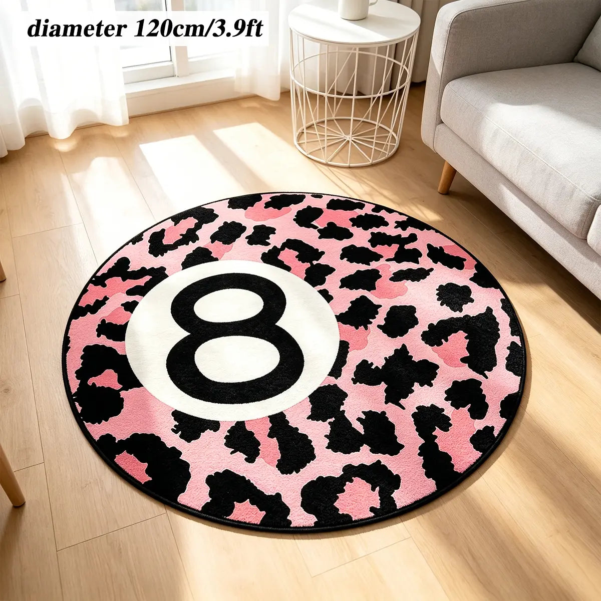 8 Ball Leopard Print Round Rug for Game Room, Man Cave, Dorm & Teen Bedroom, Soft Non-Slip Round Accent Rug, Anti Skid Rug, Perfect Retro Gift