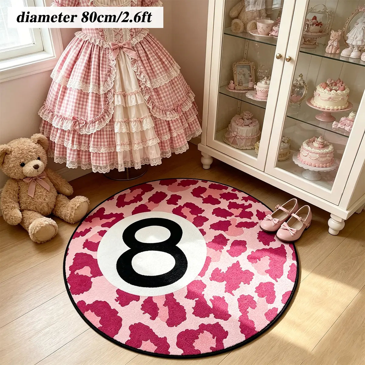 8 Ball Leopard Print Round Rug for Game Room, Man Cave, Dorm & Teen Bedroom, Soft Non-Slip Round Accent Rug, Anti Skid Rug, Perfect Retro Gift
