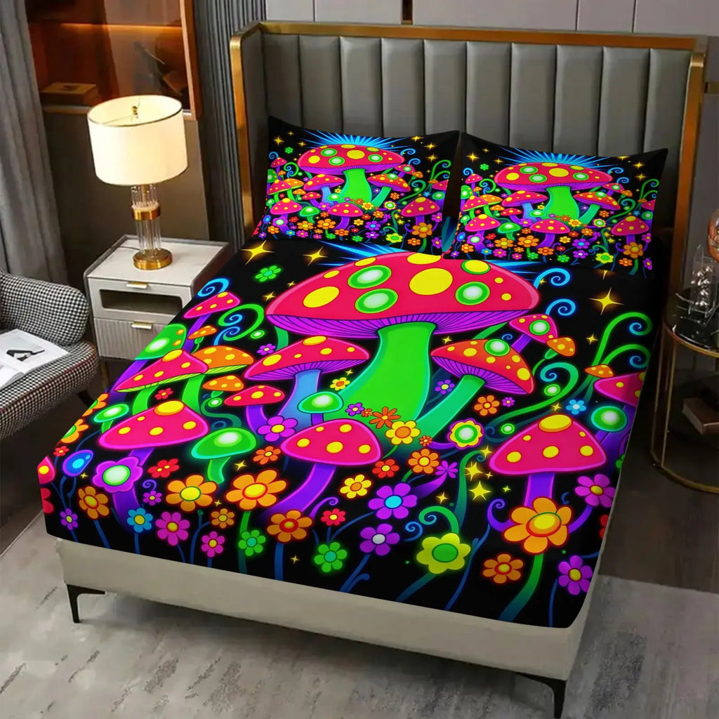 Rainbow Mushroom Fitted Sheet Set, Glowing Mushrooms and Starry Night Bedding Set for Kids Boys Girls,Colorful Flowers Bed Sheet Set 3 Pieces, 1 Fitted Sheet and 2 Pillowcase