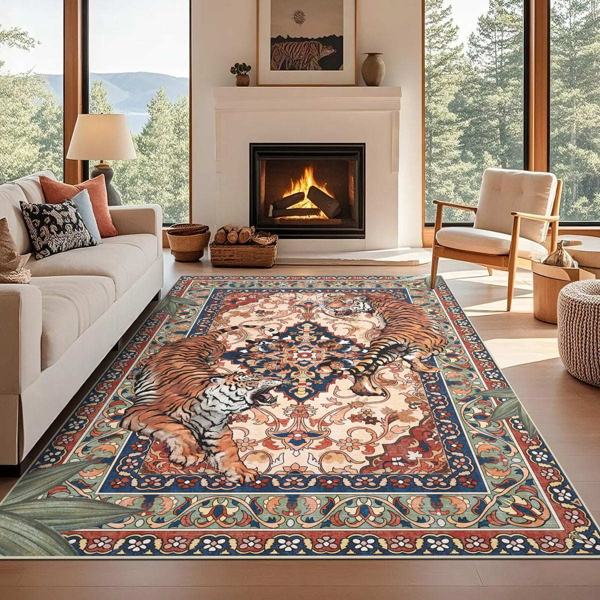 Geanup Tiger Area Rug - Green, Washable, Non-Slip, Soft Botanical Low-Pile Decorative Animal Floor Rug for Living Room House Decor, Area Rugs