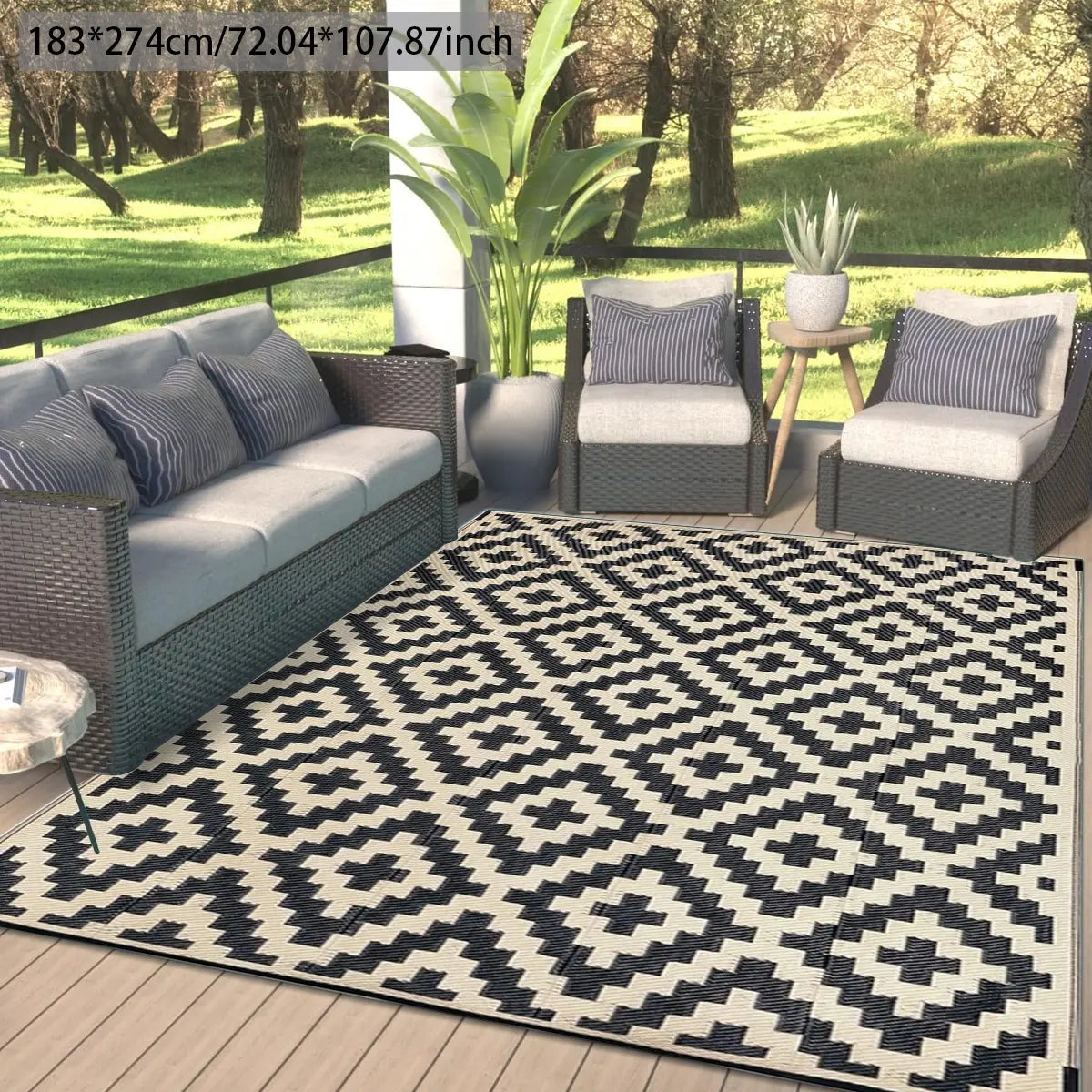 Geometric Pattern Waterproof Double-Sided Outdoor Rug, Outside Rug, 1 Count Modern Checkered Area Rug for RV, Terrace, Backyard, Deck, Beach and Camping Patio Rug #GLOBAL PICKS