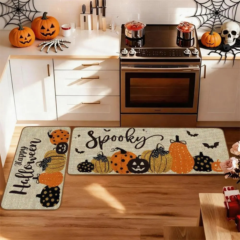 Set of 2 Halloween Pumpkin Style Kitchen Rugs, Washable Non-Slip, Low Profile Floor Mats for Kitchen, Laundry Room, Hallway, Entrance Mat