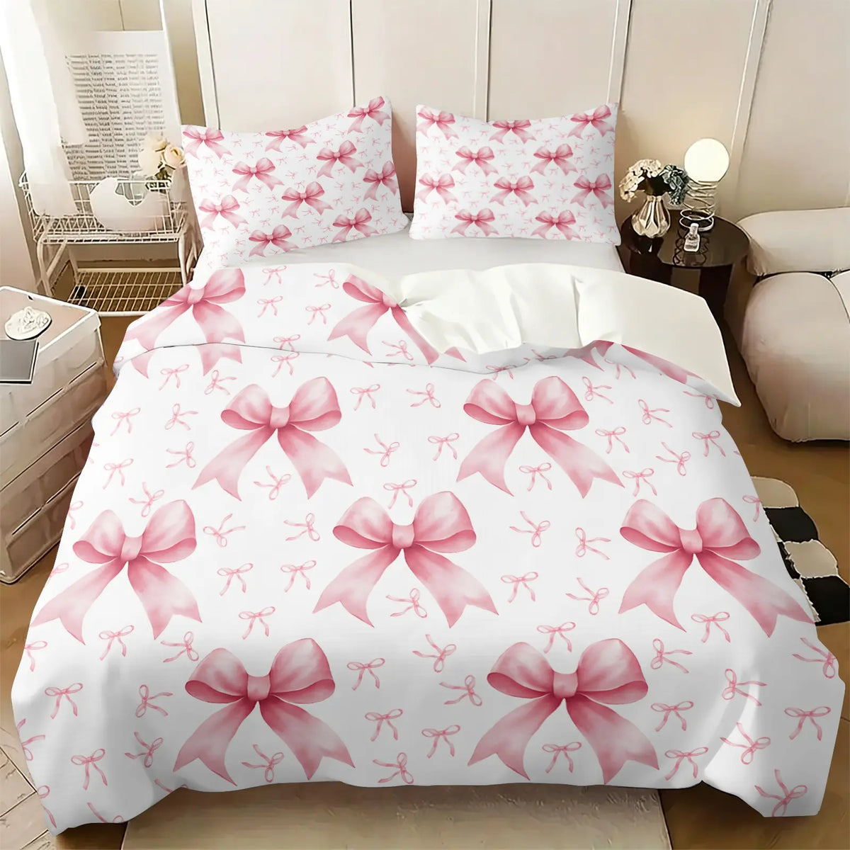 Milk Tea Color Cow Print Bow Duvet Cover Set-1 Duvet and 1-2 Coreless Pillowcases-Star-Decorated Bow and Cow Print Patchwork Bow-Soft Breathable-Vintage Gentel Style for Kids' & Girls' Bedroom Decor