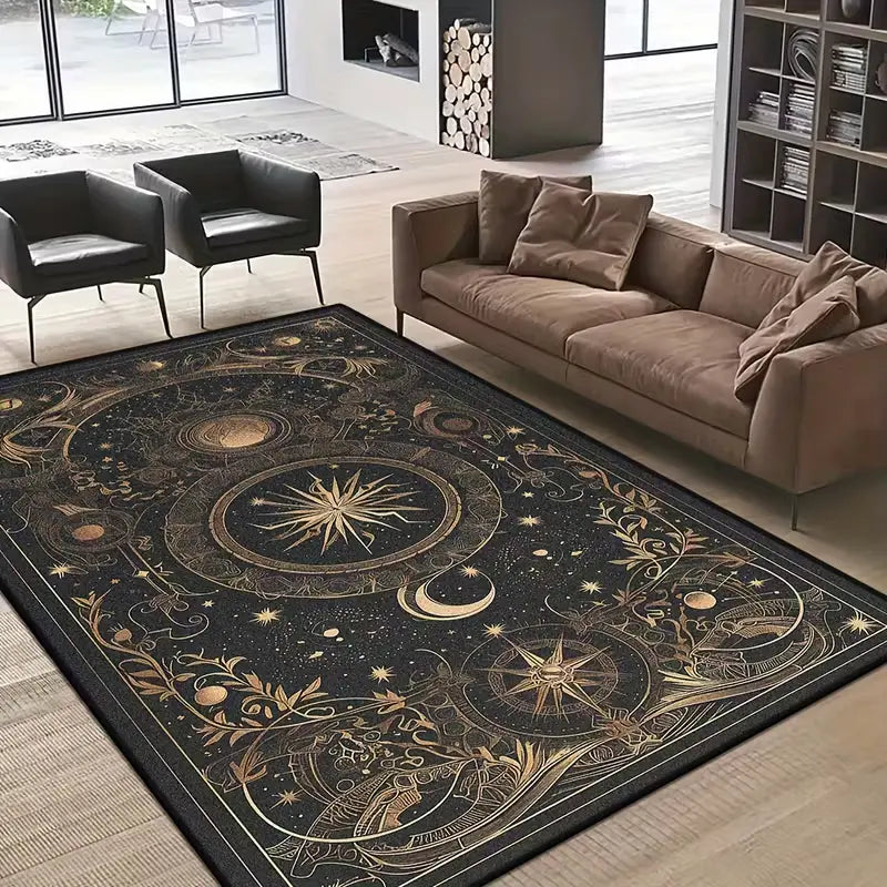 Boho Celestial Print Velvet Vintage Sun Pattern Rug - Low Pile, Machine Washable, Wrinkle Resistant, Stain Resistant for Living Room, Bedroom Use