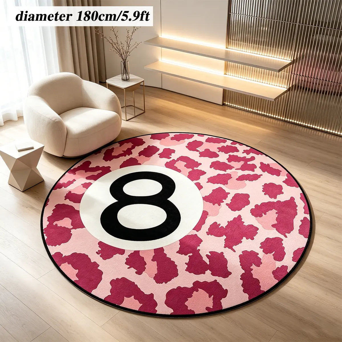 8 Ball Leopard Print Round Rug for Game Room, Man Cave, Dorm & Teen Bedroom, Soft Non-Slip Round Accent Rug, Anti Skid Rug, Perfect Retro Gift