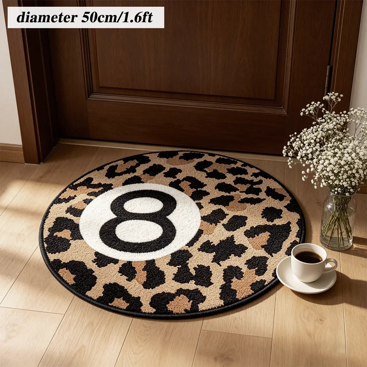 8 Ball Leopard Print Round Rug for Game Room, Man Cave, Dorm & Teen Bedroom, Soft Non-Slip Round Accent Rug, Anti Skid Rug, Perfect Retro Gift