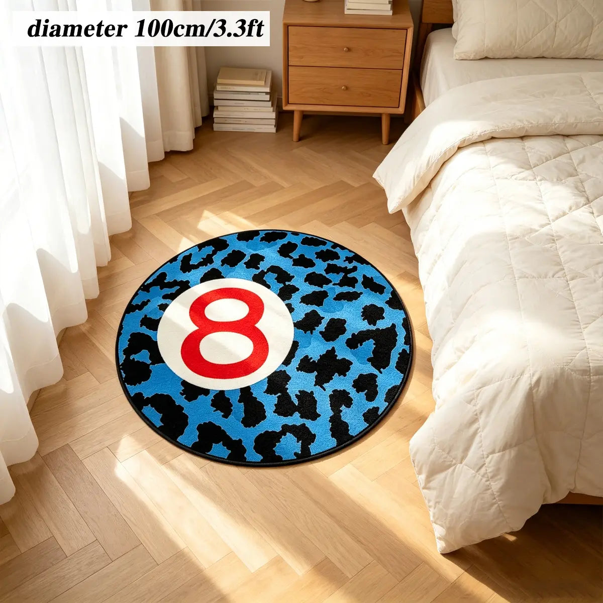 8 Ball Leopard Print Round Rug for Game Room, Man Cave, Dorm & Teen Bedroom, Soft Non-Slip Round Accent Rug, Anti Skid Rug, Perfect Retro Gift