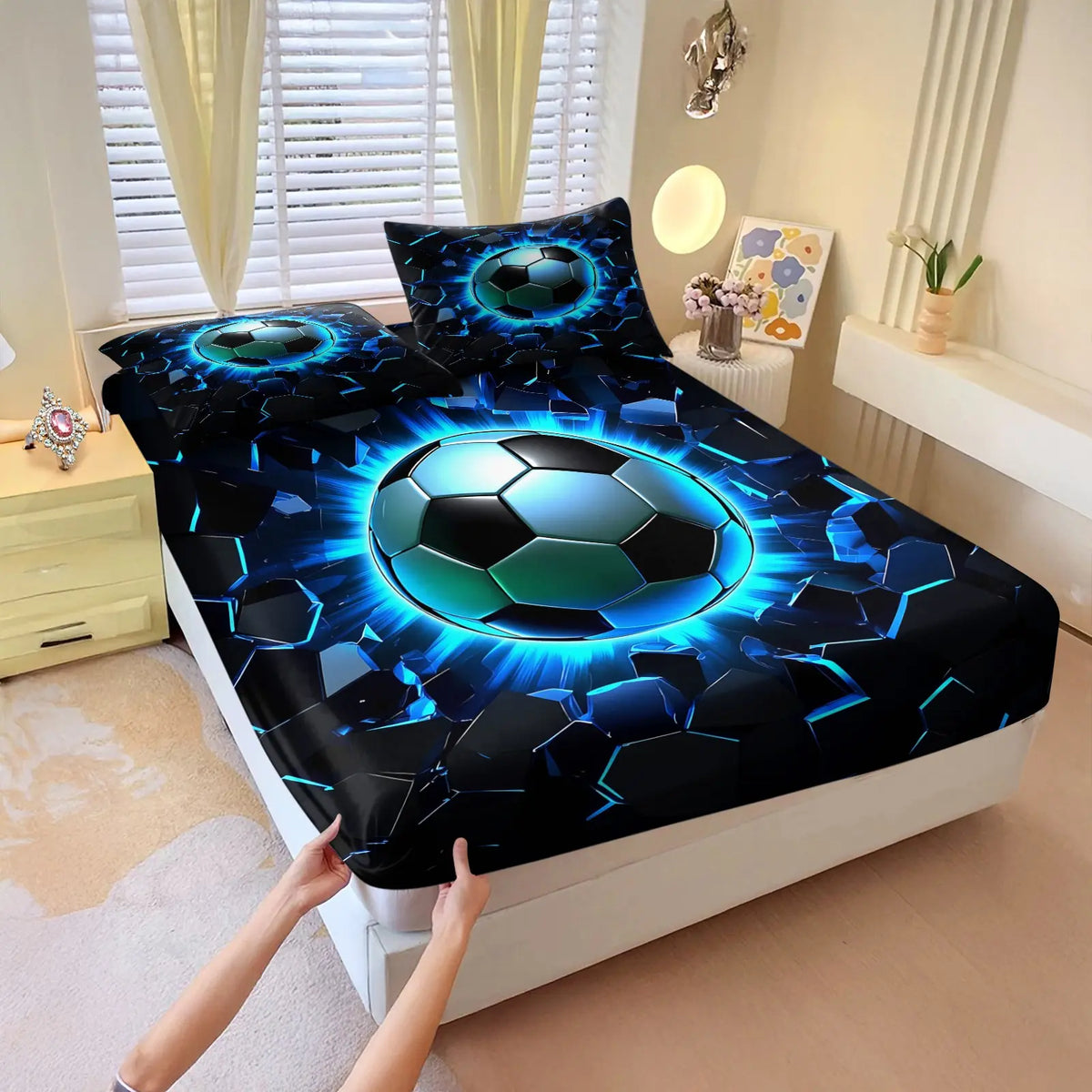 Soccer Fitted Sheet Set Queen Size Breathable Fabric, 3Pcs Football Games Bedding Set Bed Sheet Set for Boys Teens,Sports Theme Bed Cover for Bedroom Decor, 1 Fitted Sheet + 2 Pillowcases