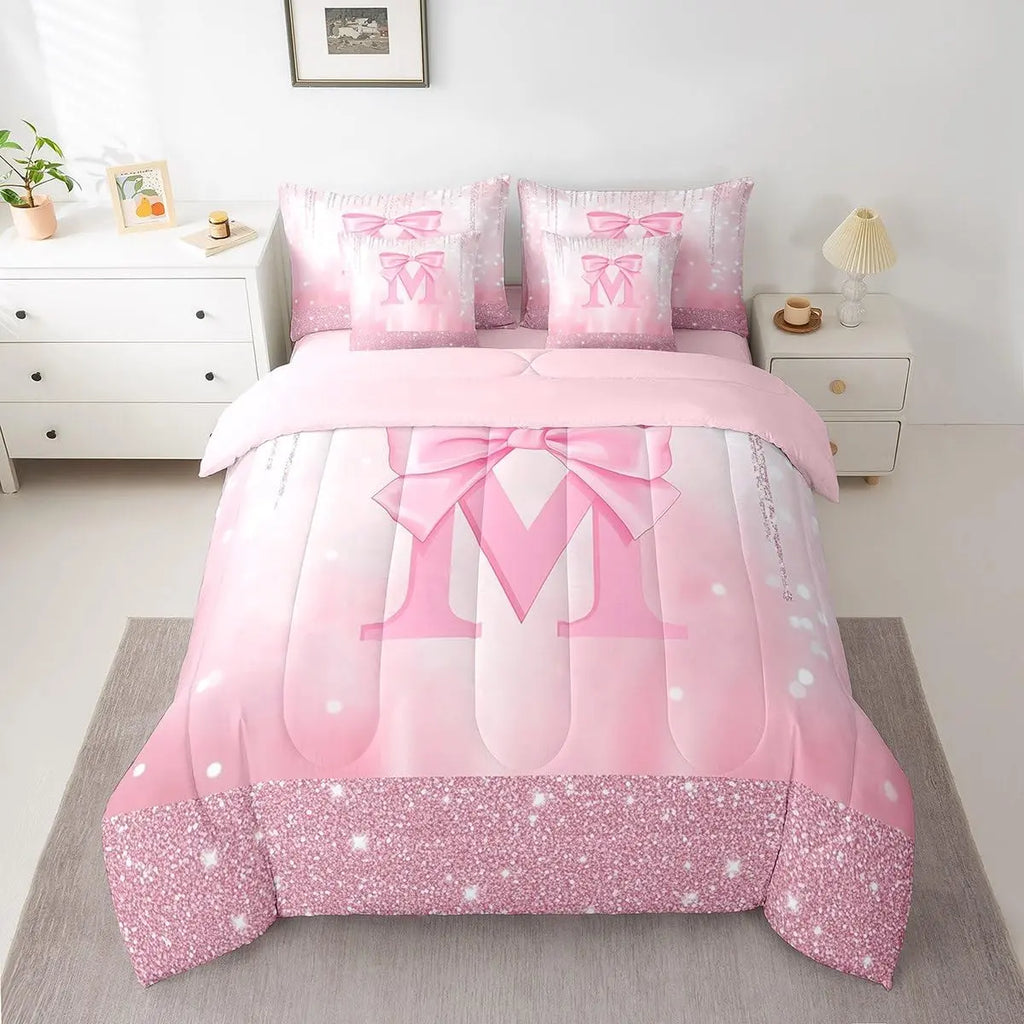 Feelyou Boys' Bright Pink 7-Piece Bedding Set Collections - Personalized Initial M Bowknot Comforter Set with Sheets, Glitter Sparkle, Soft Texture, Machine Washable Comforter, Bedroom Decor