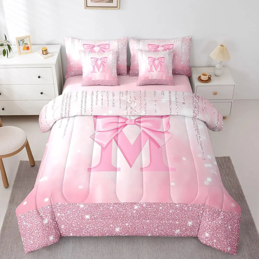 Feelyou Boys' Bright Pink 7-Piece Bedding Set Collections - Personalized Initial M Bowknot Comforter Set with Sheets, Glitter Sparkle, Soft Texture, Machine Washable Comforter, Bedroom Decor
