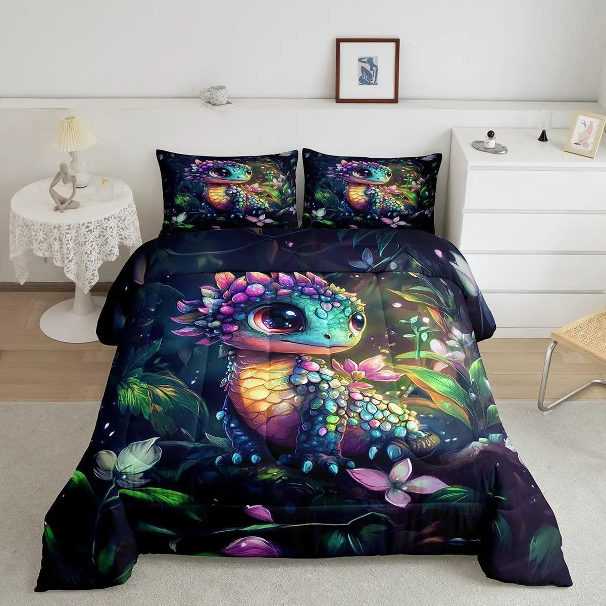 Feelyou Black-Green Wildlife Print Dragon Comforter Set, Flower Printed Bedding with Travel-Friendly Design, Themed Look Duvet Set for Teens, Bedroom Decor Ideas