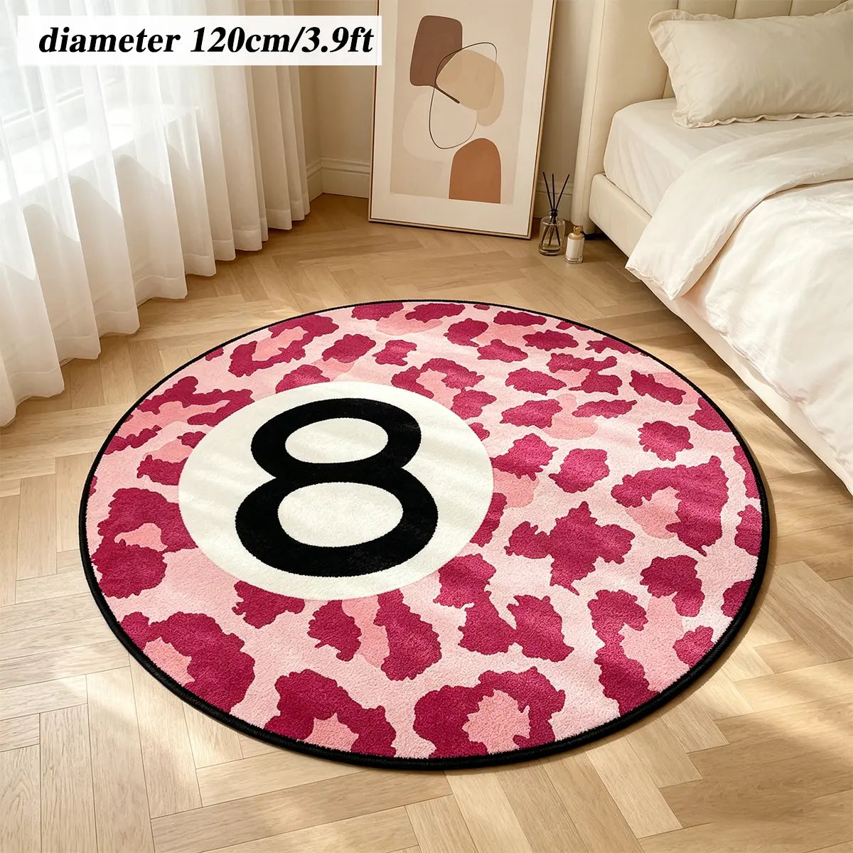 8 Ball Leopard Print Round Rug for Game Room, Man Cave, Dorm & Teen Bedroom, Soft Non-Slip Round Accent Rug, Anti Skid Rug, Perfect Retro Gift