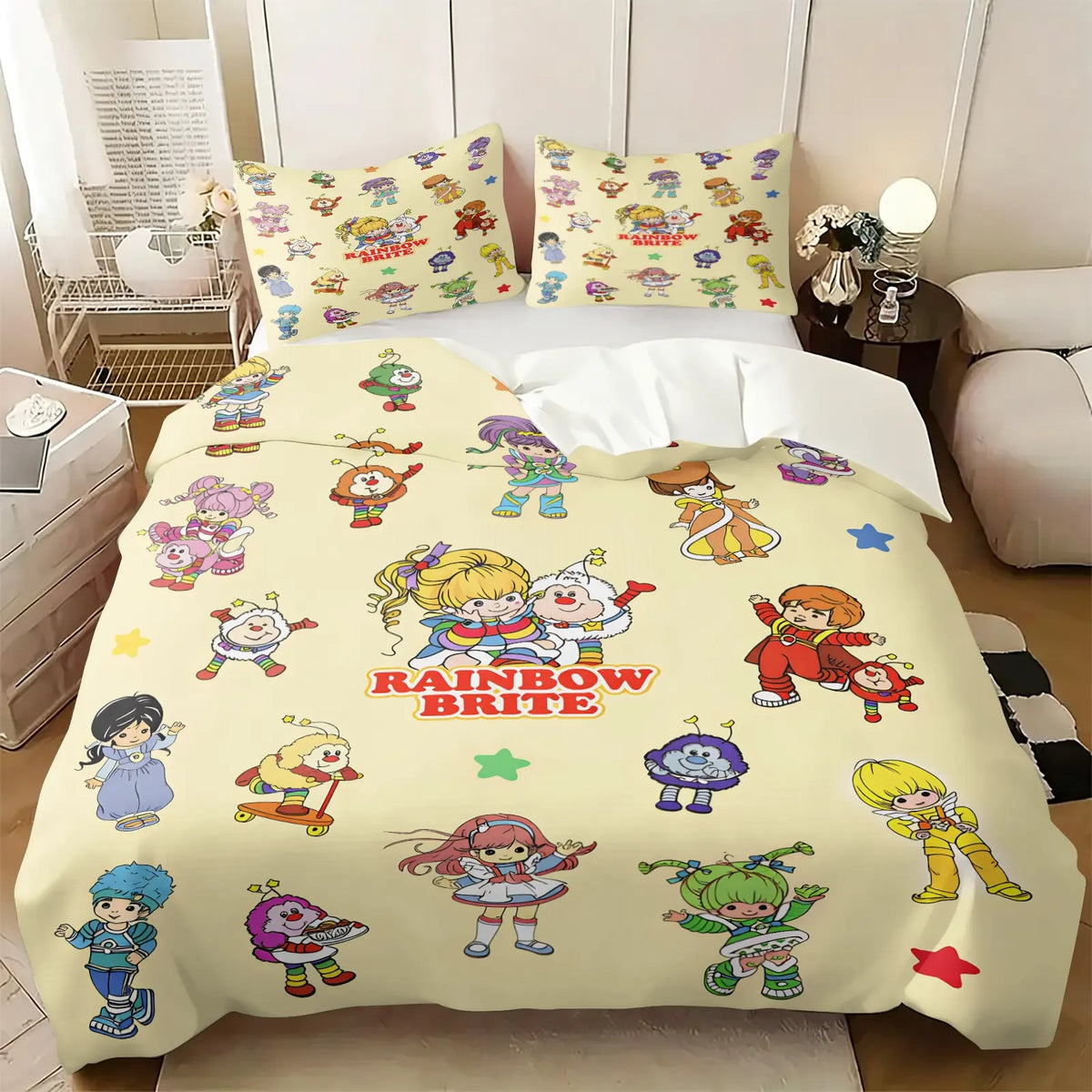 Light Green Strawberry Girl Cartoon Duvet Cover Set-1 Duvet & 1-2 Pillowcases-Strawberry Girl with Pink Kitten, Strawberry and Cupcake-Comfortable Breathable-Kids Bedroom Decor-Nostalgic Gift for Fans