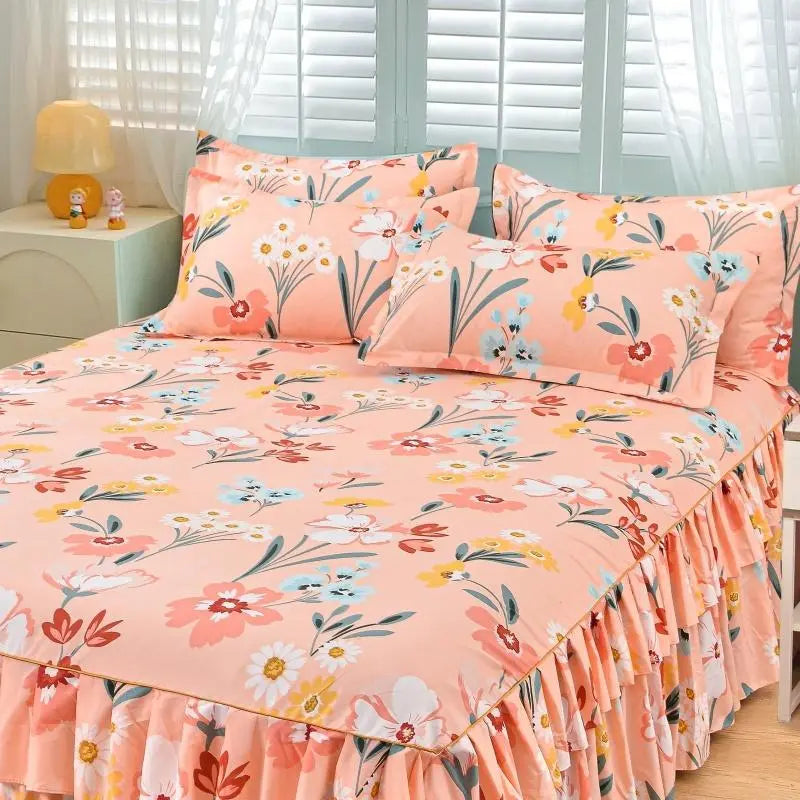 Floral Print Ruffled-Edge Bed Skirt Set, 3 Counts/set Bed Skirt & Pillowcases (No Filler), Soft Bed Sheet Sets, Comfortable & Breathable Bedding for Home Bedroom, Machine Washable Bed Accessory #GLOBAL PICKS