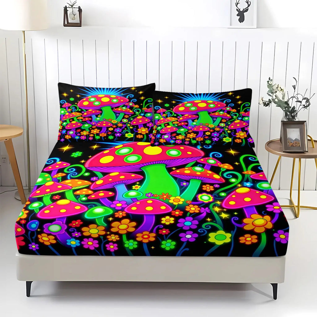 Rainbow Mushroom Fitted Sheet Set, Glowing Mushrooms and Starry Night Bedding Set for Kids Boys Girls,Colorful Flowers Bed Sheet Set 3 Pieces, 1 Fitted Sheet and 2 Pillowcase