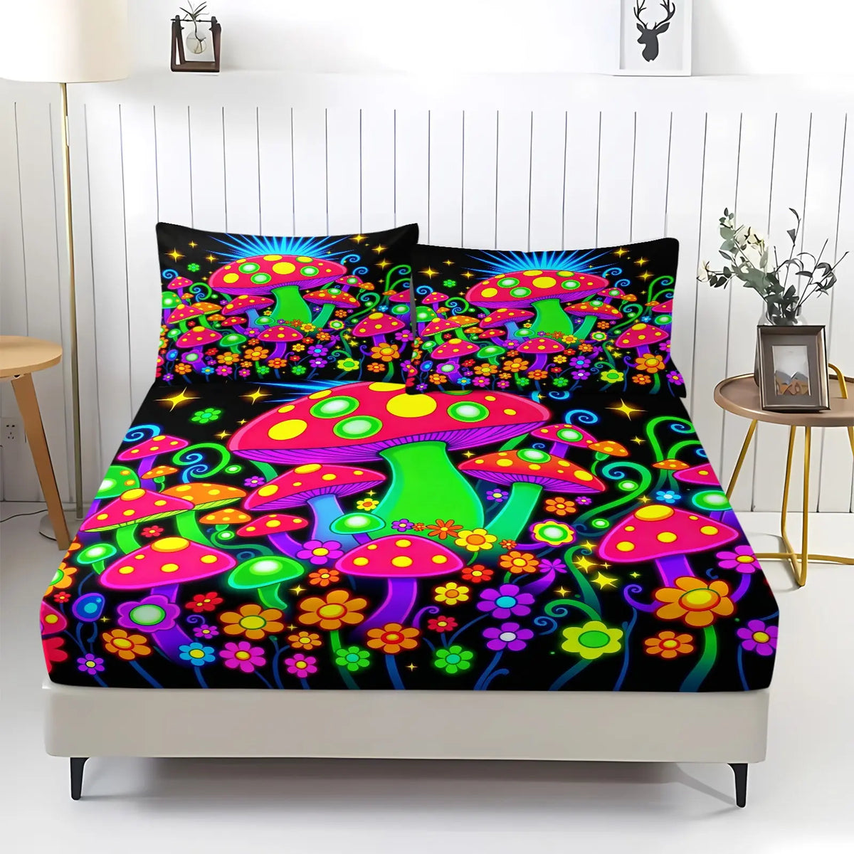 Rainbow Mushroom Fitted Sheet Set, Glowing Mushrooms and Starry Night Bedding Set for Kids Boys Girls,Colorful Flowers Bed Sheet Set 3 Pieces, 1 Fitted Sheet and 2 Pillowcase
