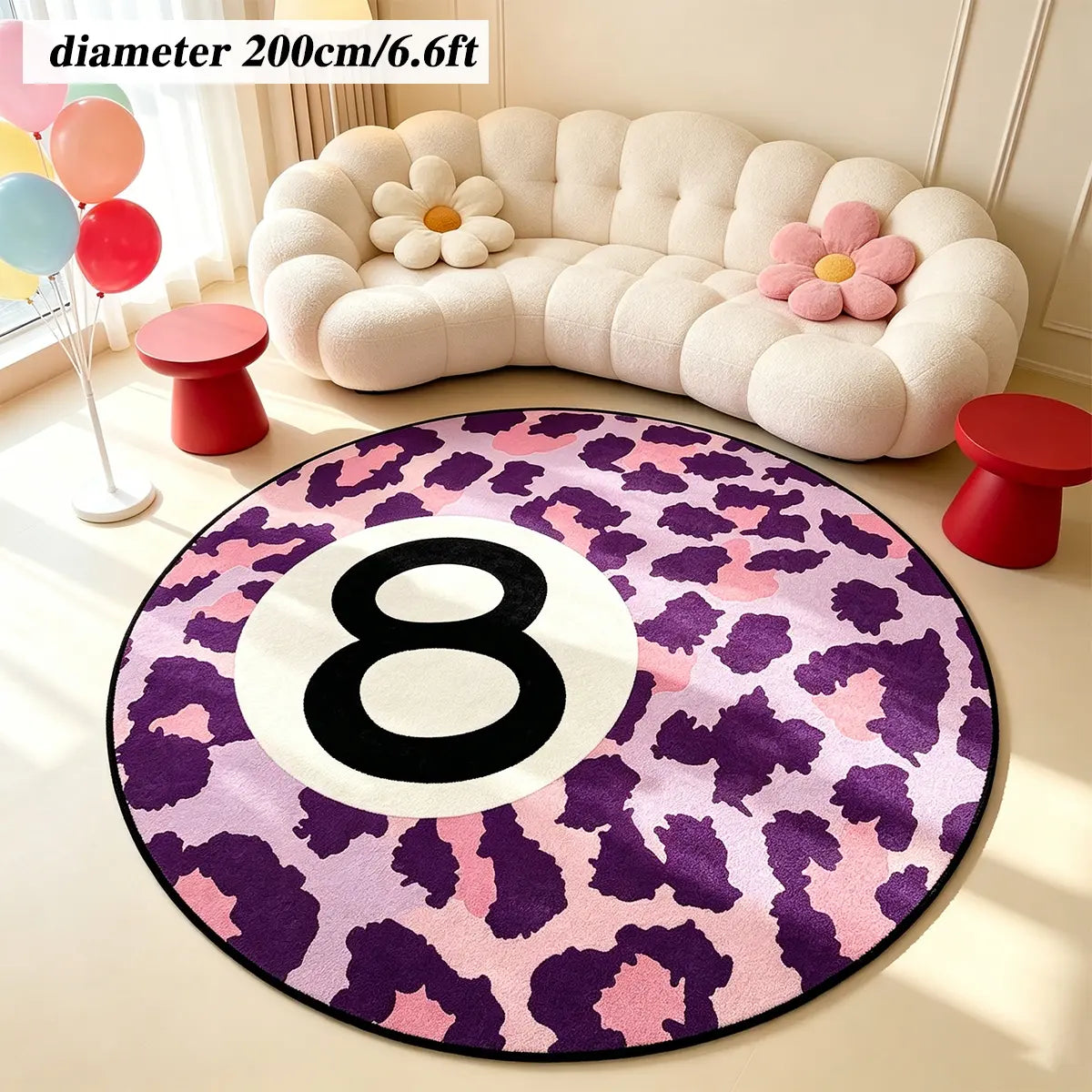 8 Ball Leopard Print Round Rug for Game Room, Man Cave, Dorm & Teen Bedroom, Soft Non-Slip Round Accent Rug, Anti Skid Rug, Perfect Retro Gift