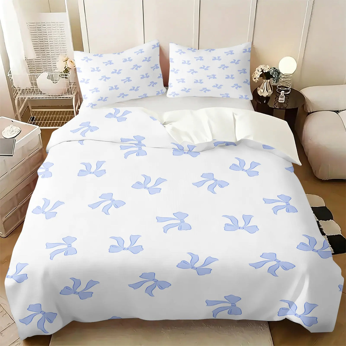 Milk Tea Color Cow Print Bow Duvet Cover Set-1 Duvet and 1-2 Coreless Pillowcases-Star-Decorated Bow and Cow Print Patchwork Bow-Soft Breathable-Vintage Gentel Style for Kids' & Girls' Bedroom Decor
