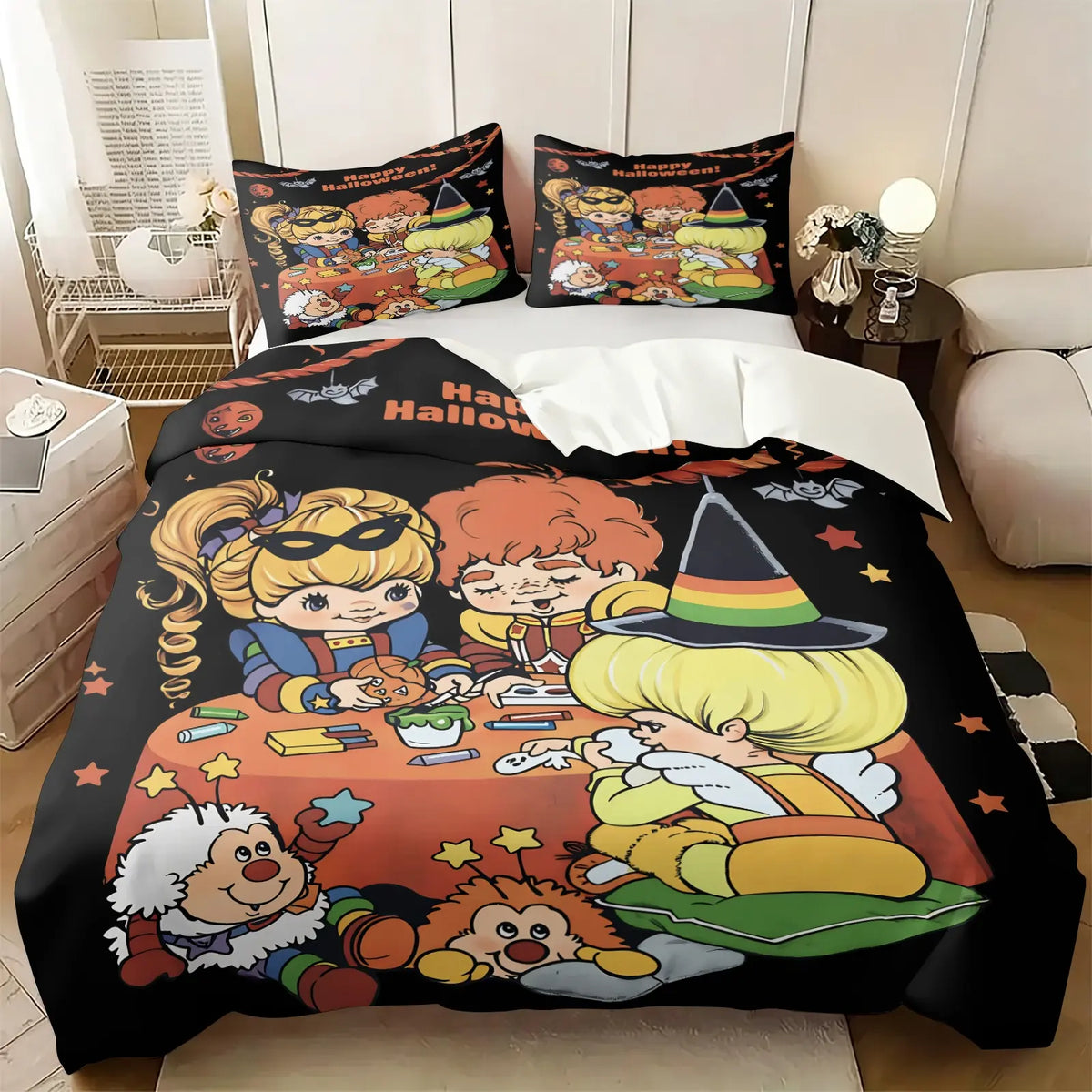 Light Green Strawberry Girl Cartoon Duvet Cover Set-1 Duvet & 1-2 Pillowcases-Strawberry Girl with Pink Kitten, Strawberry and Cupcake-Comfortable Breathable-Kids Bedroom Decor-Nostalgic Gift for Fans