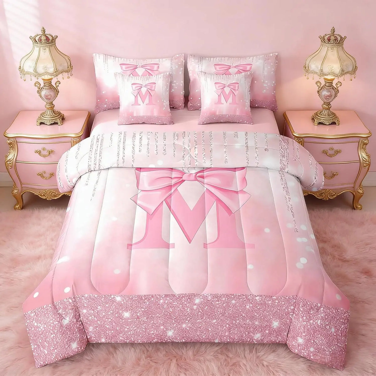 Feelyou Boys' Bright Pink 7-Piece Bedding Set Collections - Personalized Initial M Bowknot Comforter Set with Sheets, Glitter Sparkle, Soft Texture, Machine Washable Comforter, Bedroom Decor