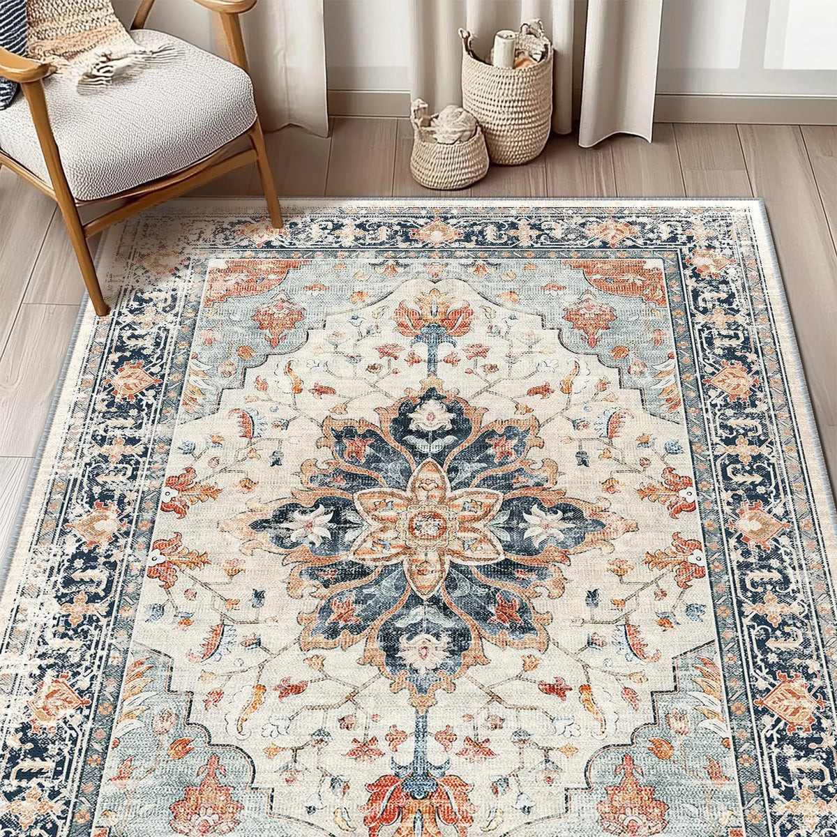 BESTSWEETIE Indoor Area Rugs - 8x10/9x12/10x14 Large Geometric Boho Rugs, Soft Faux Wool Low-Pile, Machine Washable, Non-Slip, Wrinkle Resistant, Print, Easy-Maintenance Distressed Western Carpets for Living Room Decor & Bedroom, Home Essentials