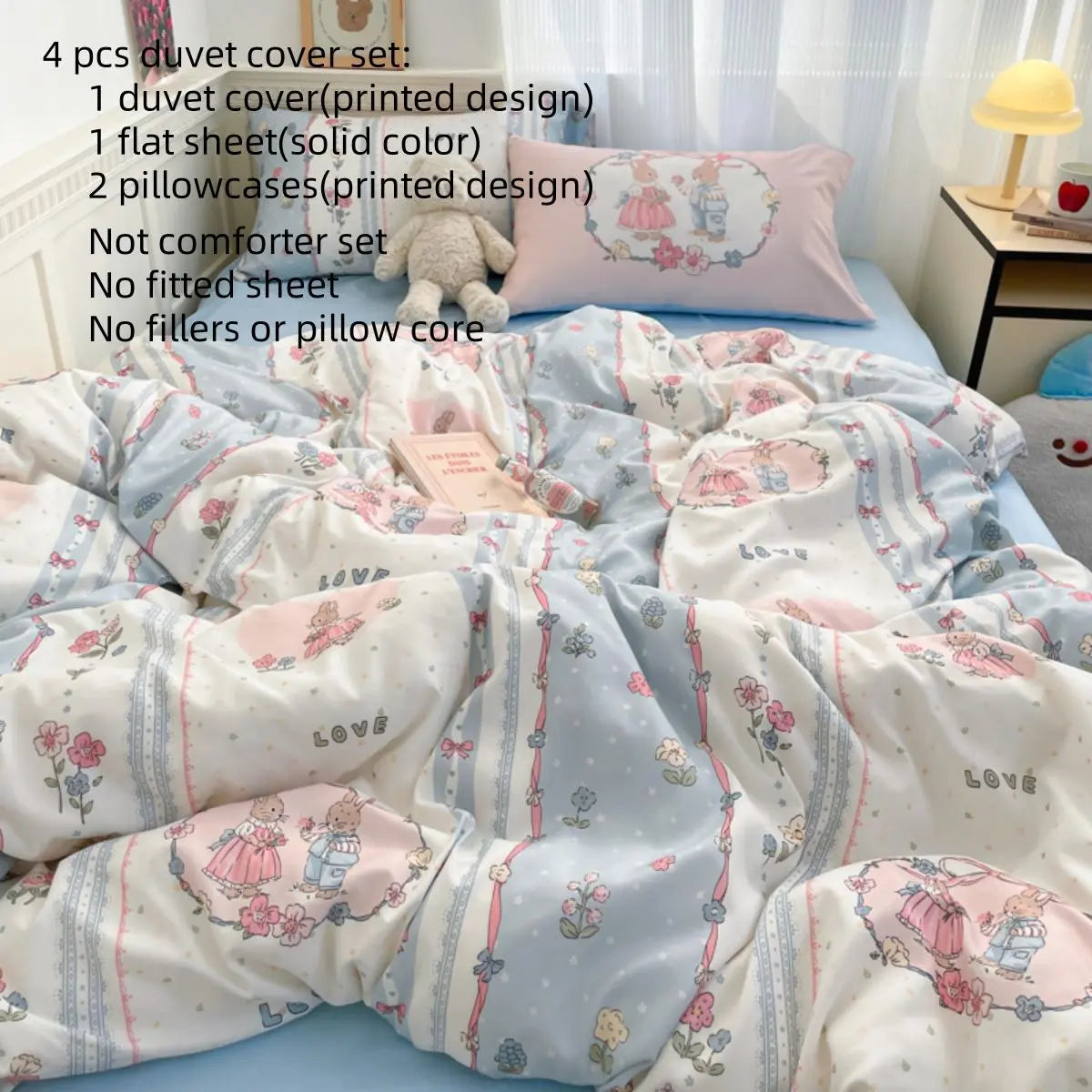 Cartoon Pattern Bedding Set, Bedding Sheets, 1 Count Bedspread & 1 Count Flat Sheet & Pillowcase without Filler, Soft Comfortable Flower Printed Bedding Set for Home Bedroom, Bedsheet Sets, Floral Bedding Set, Cute Sheets