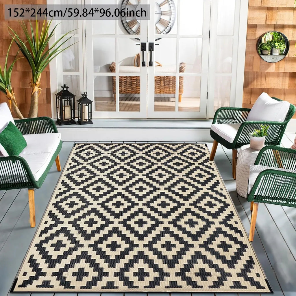 Geometric Pattern Waterproof Double-Sided Outdoor Rug, Outside Rug, 1 Count Modern Checkered Area Rug for RV, Terrace, Backyard, Deck, Beach and Camping Patio Rug #GLOBAL PICKS
