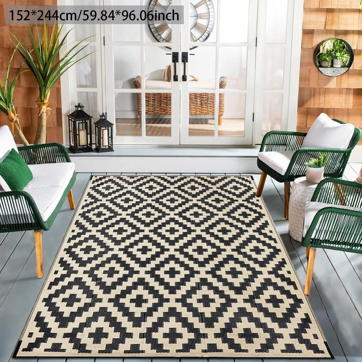 Geometric Pattern Waterproof Double-Sided Outdoor Rug, Outside Rug, 1 Count Modern Checkered Area Rug for RV, Terrace, Backyard, Deck, Beach and Camping Patio Rug #GLOBAL PICKS