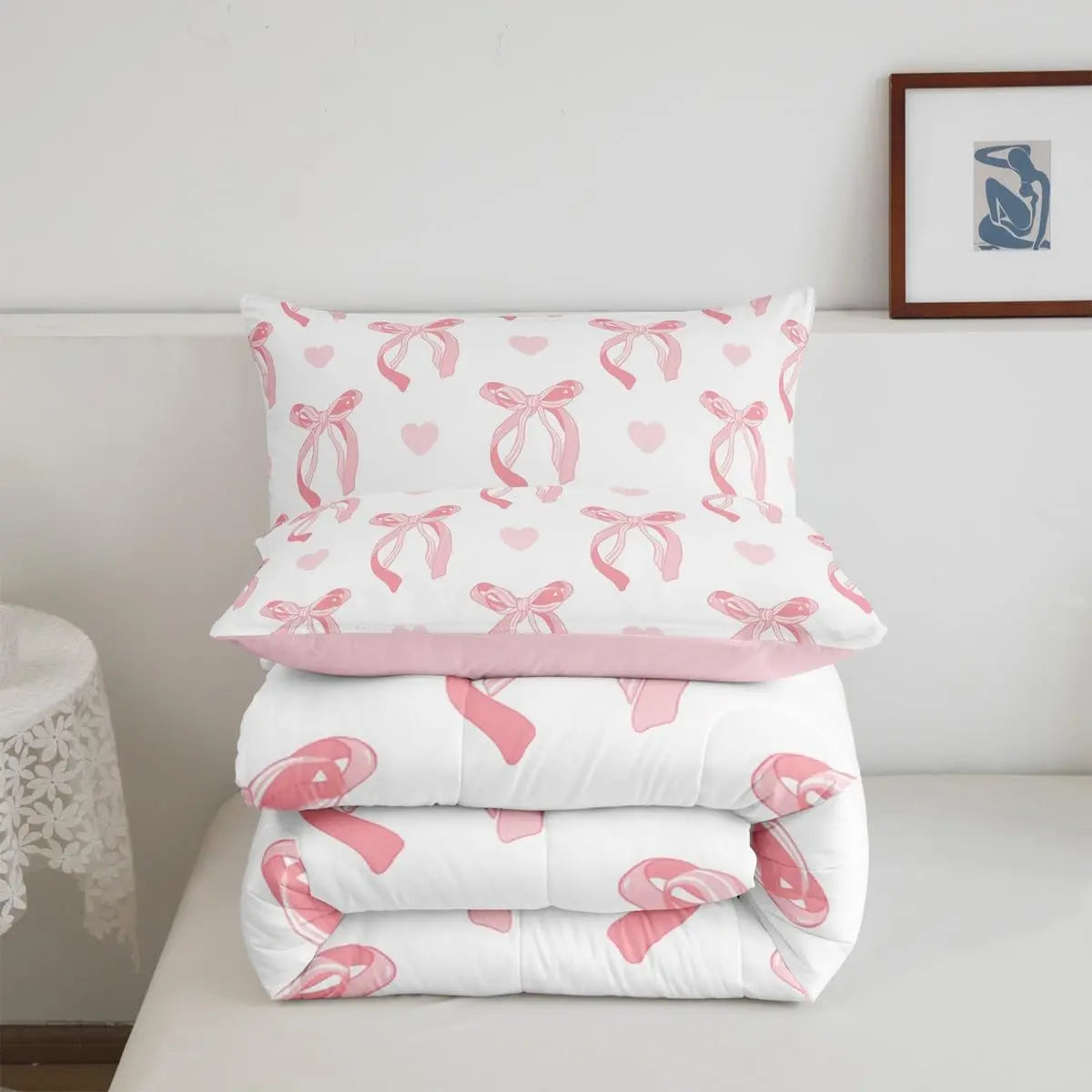 Feelyou Women's Pink White Soft Microfiber Printed Bedding Set - Cute Ribbon Bow Blanket, Cartoon Hearts Comforter, Duvet Quilt Set for Kids Room Decor, Ribbon Bows