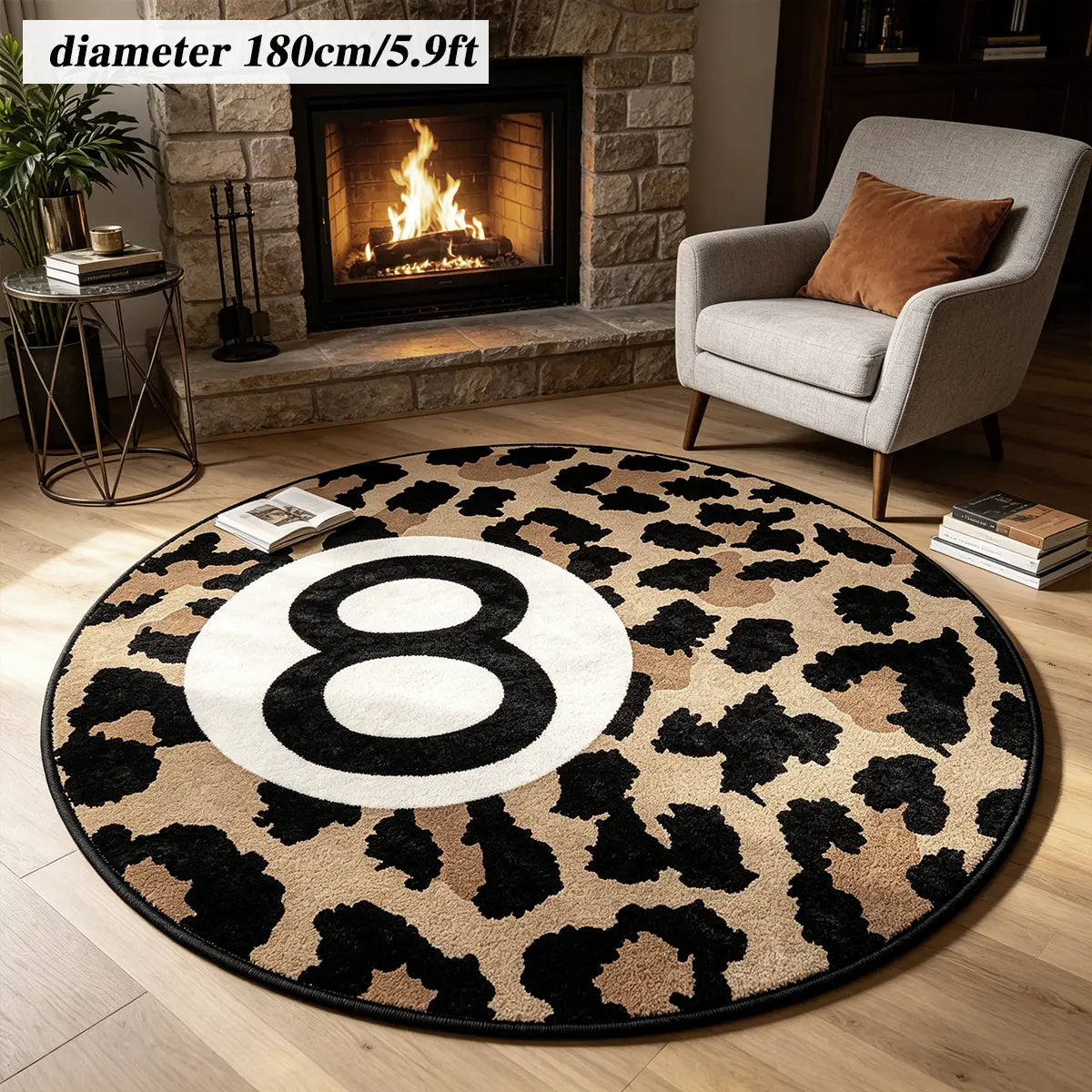 8 Ball Leopard Print Round Rug for Game Room, Man Cave, Dorm & Teen Bedroom, Soft Non-Slip Round Accent Rug, Anti Skid Rug, Perfect Retro Gift